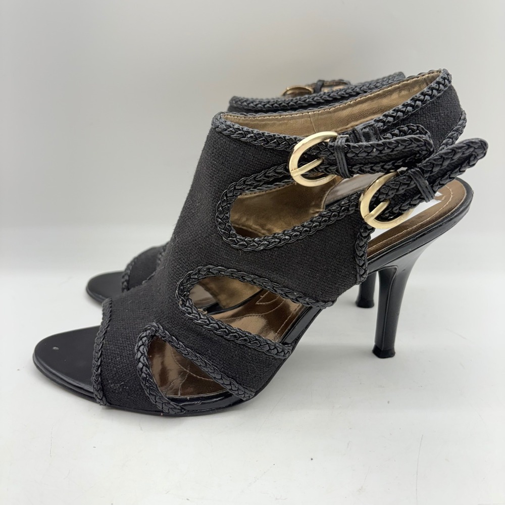 Tahari Lexie Black Canvas Braided Trim Heeled Sandals Size 8.5‎ M Gold Buckle - Picture 2 of 12